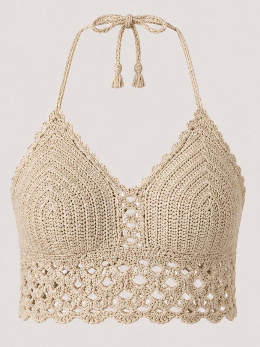 Zoë Bikini Cotton Crochet Halter Top Beige Boho One Size